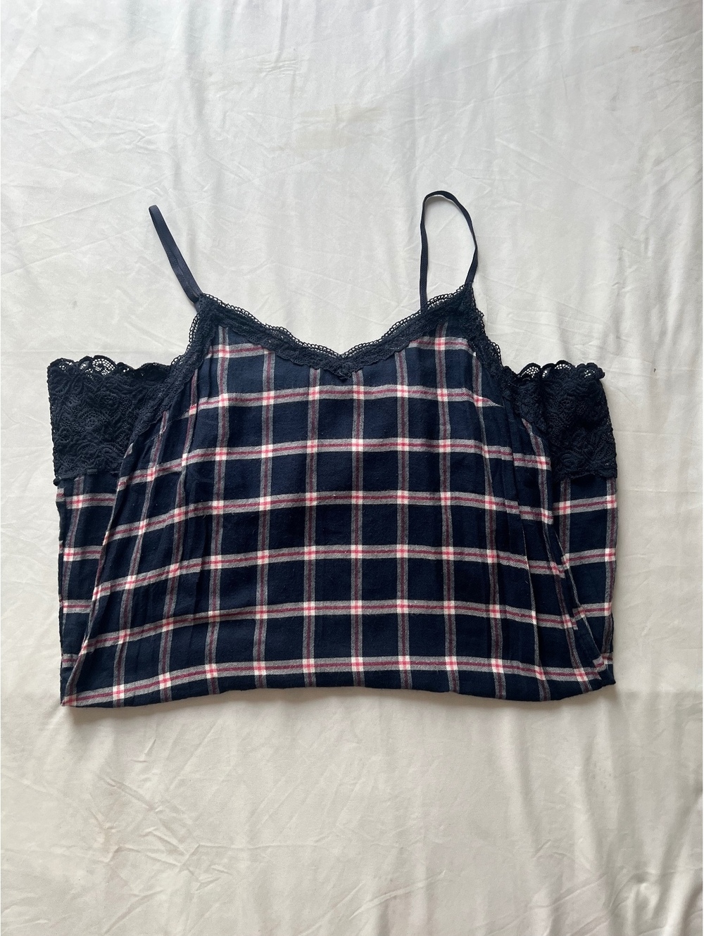 Aerie Navy Plaid Lace Cami